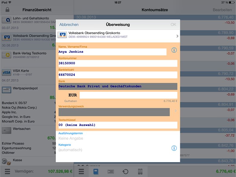 Banking 4i iPad App Überweisung
