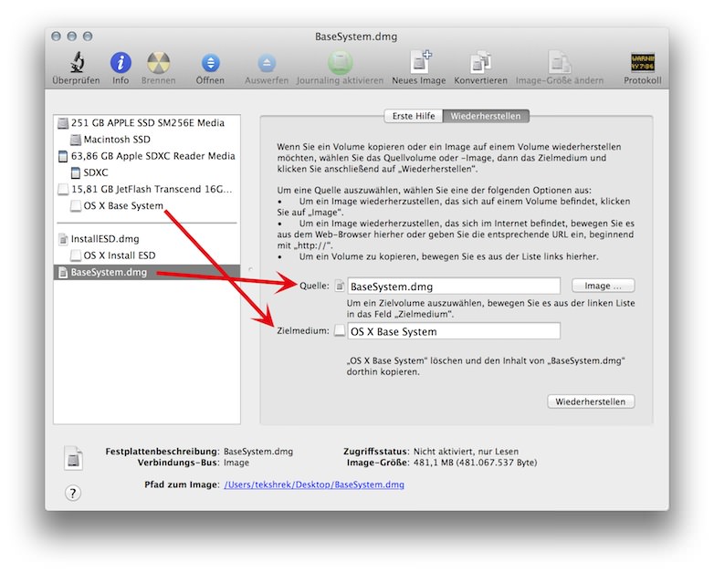 Bootfähigen USB-Stick erstellen · OS X Mavericks 10.9 · Festplattendienstprogramm - Wiederherstellen